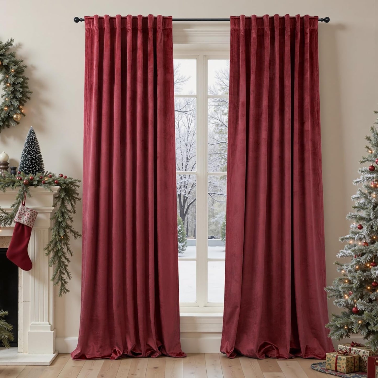 Dark Red Velvet Curtains for Living Room Thermal Soundproof Drapes