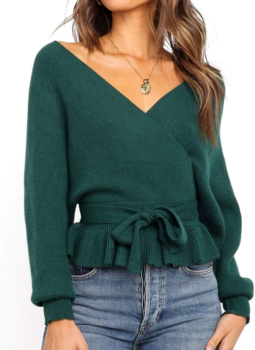 ZESICA Women's Fall Wrap V Neck Long Sleeve Ruffle Sweater