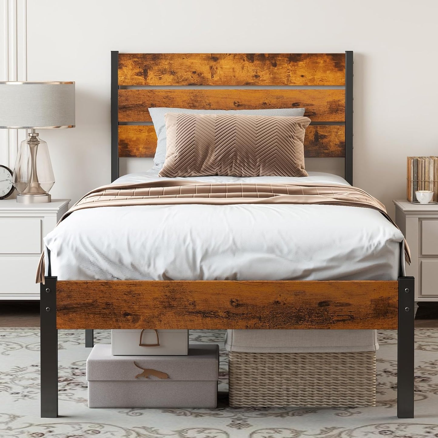 Sweetcrispy Twin Size Metal Platform Bed Frame with Headboard