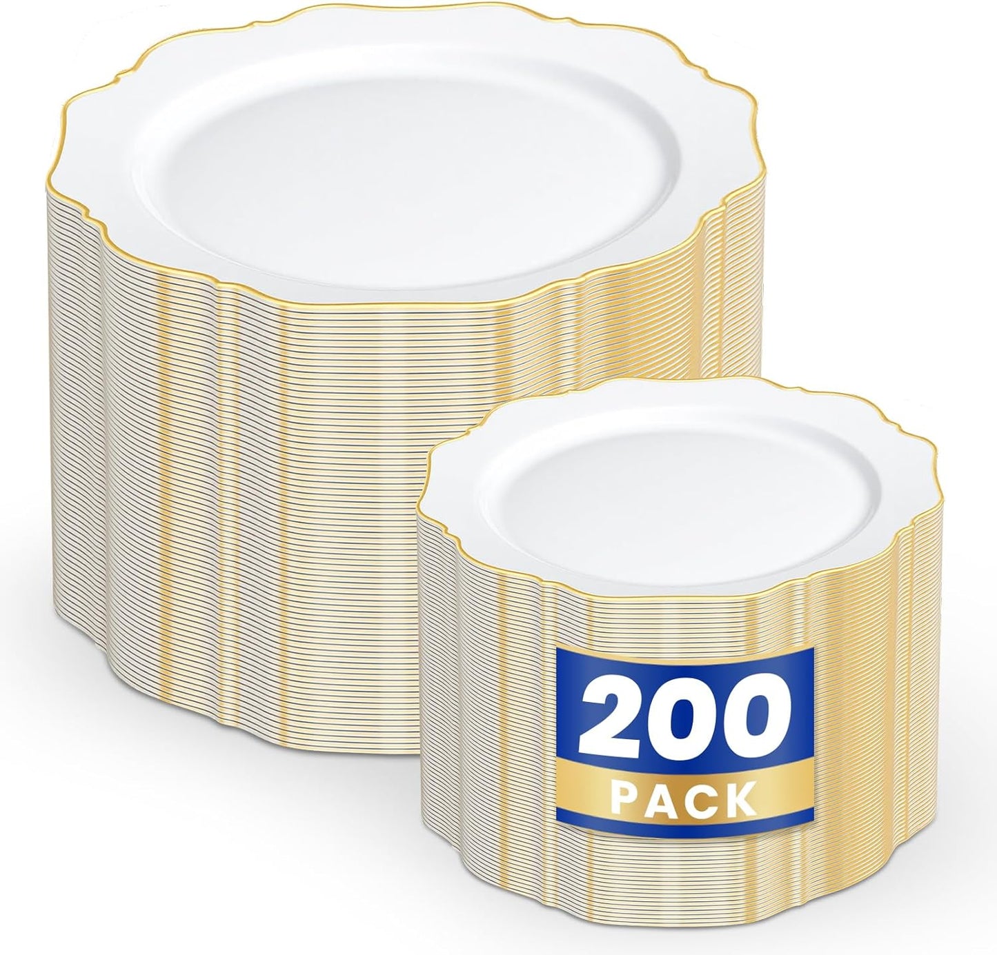 WDF 200PCS White and Gold Plastic Plates for Elegant Events