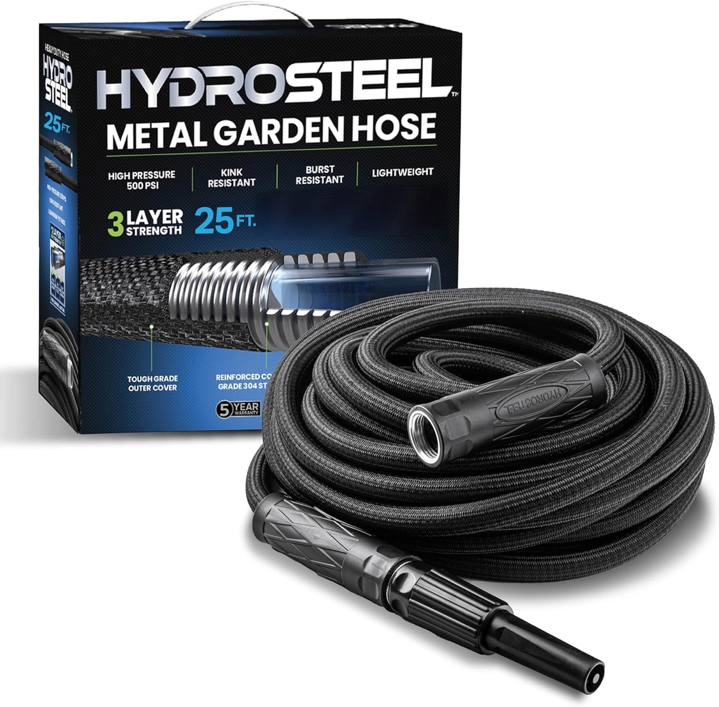 HYDROSTEEL Metal Garden Hose 25 Ft - Durable and Flexible Design