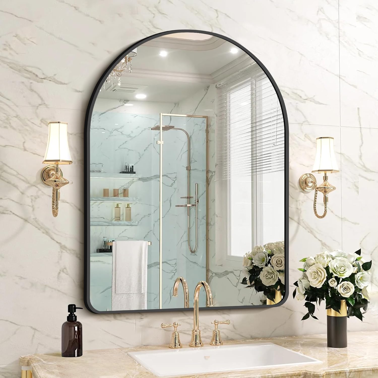 Arched Bathroom Mirror 30x40 Inch with Black Aluminum Frame