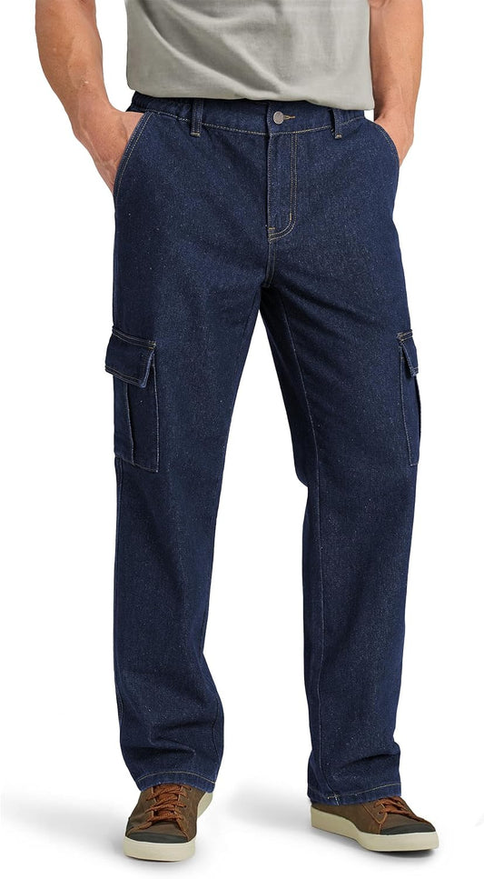 Men's Relaxed Fit Cargo Jeans with Elastic Waist and Pockets