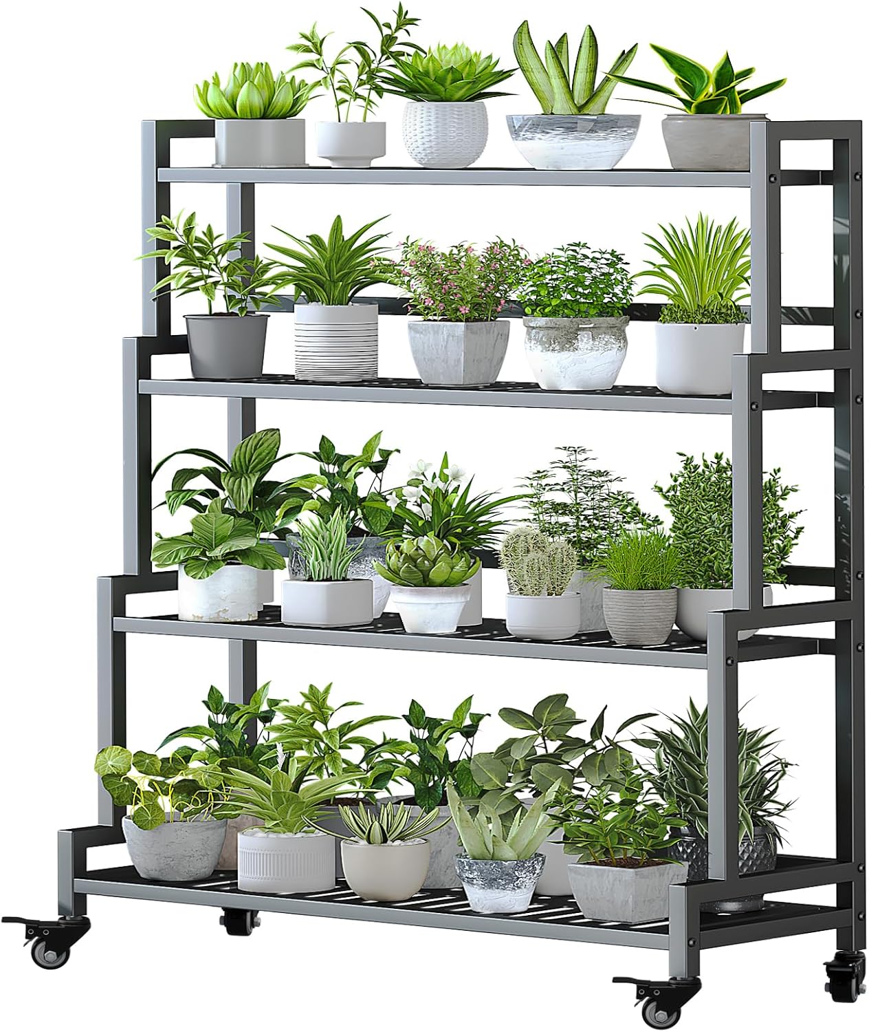 YIZAJIA 4 Tier Metal Plant Stand with Wheels for Indoor Use