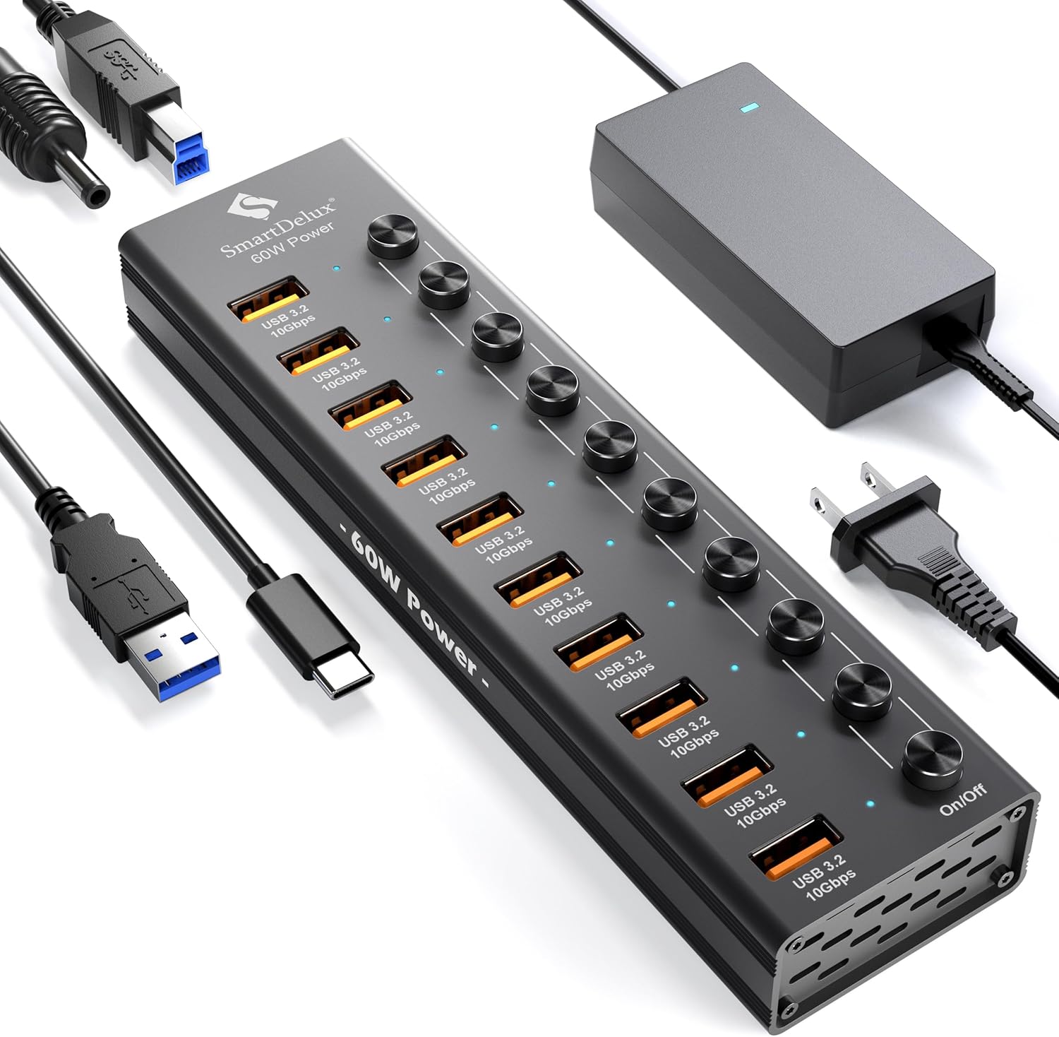 Powered USB 3.2 Hub with 10 Ports for High-Speed Data Transfer