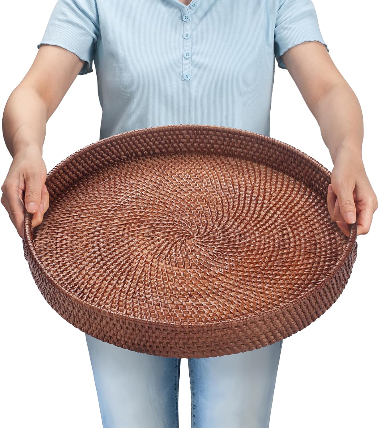 16.9 inch Round Rattan Tray for Serving and Home Decor