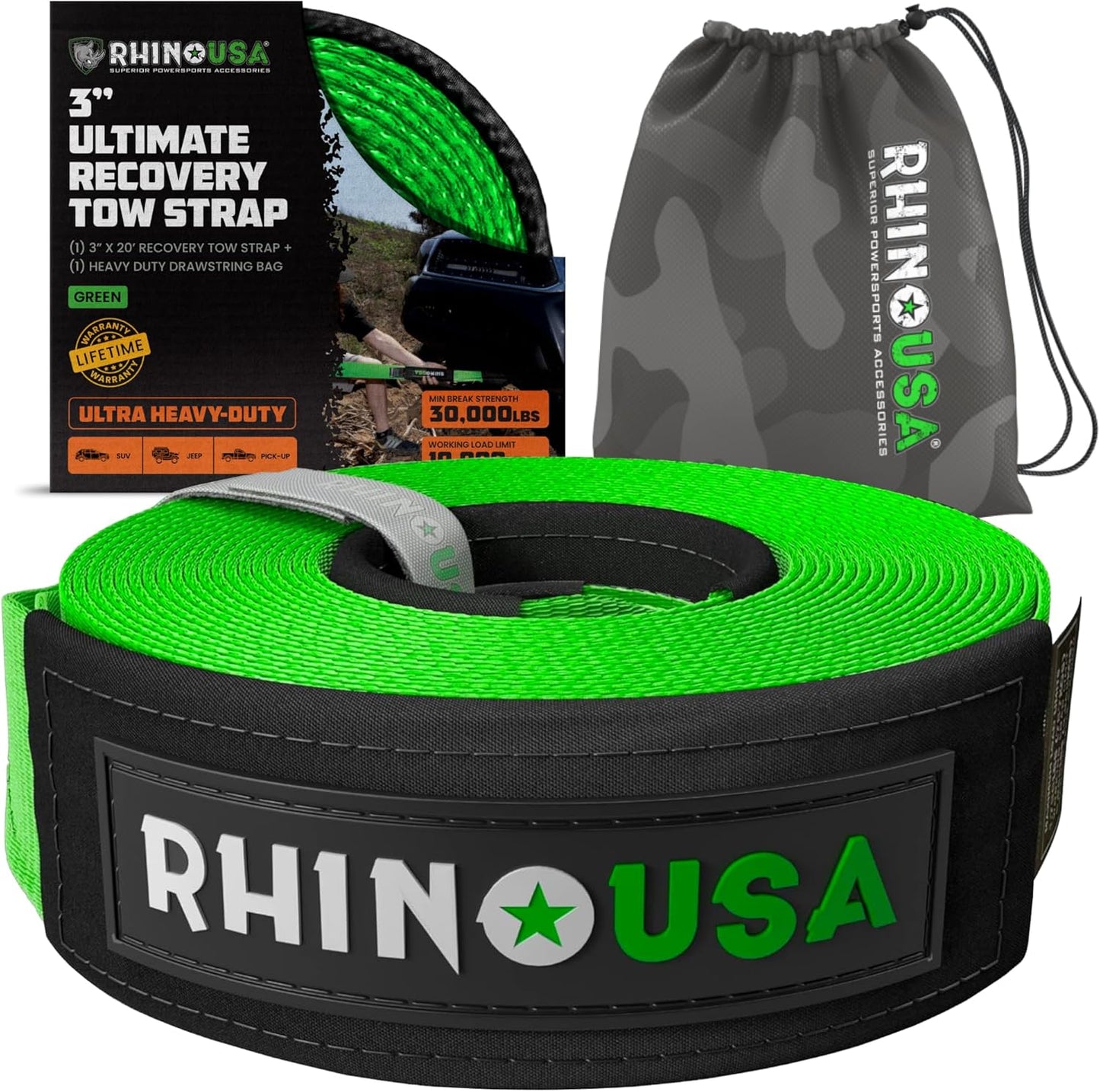 Rhino USA Recovery Tow Strap - Heavy Duty Towing Strap for Offroad