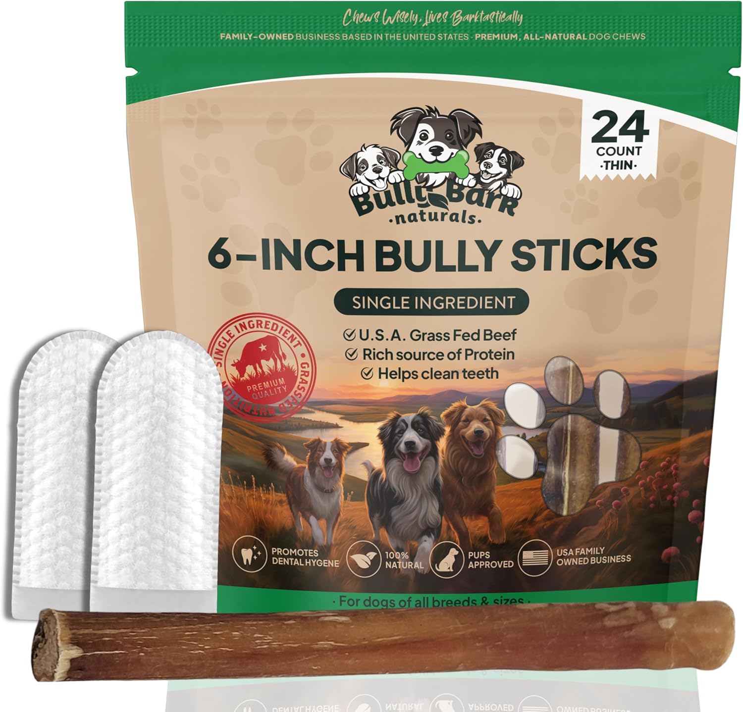 Thin 6 Bully Sticks for Dogs - Natural High Protein Chews
