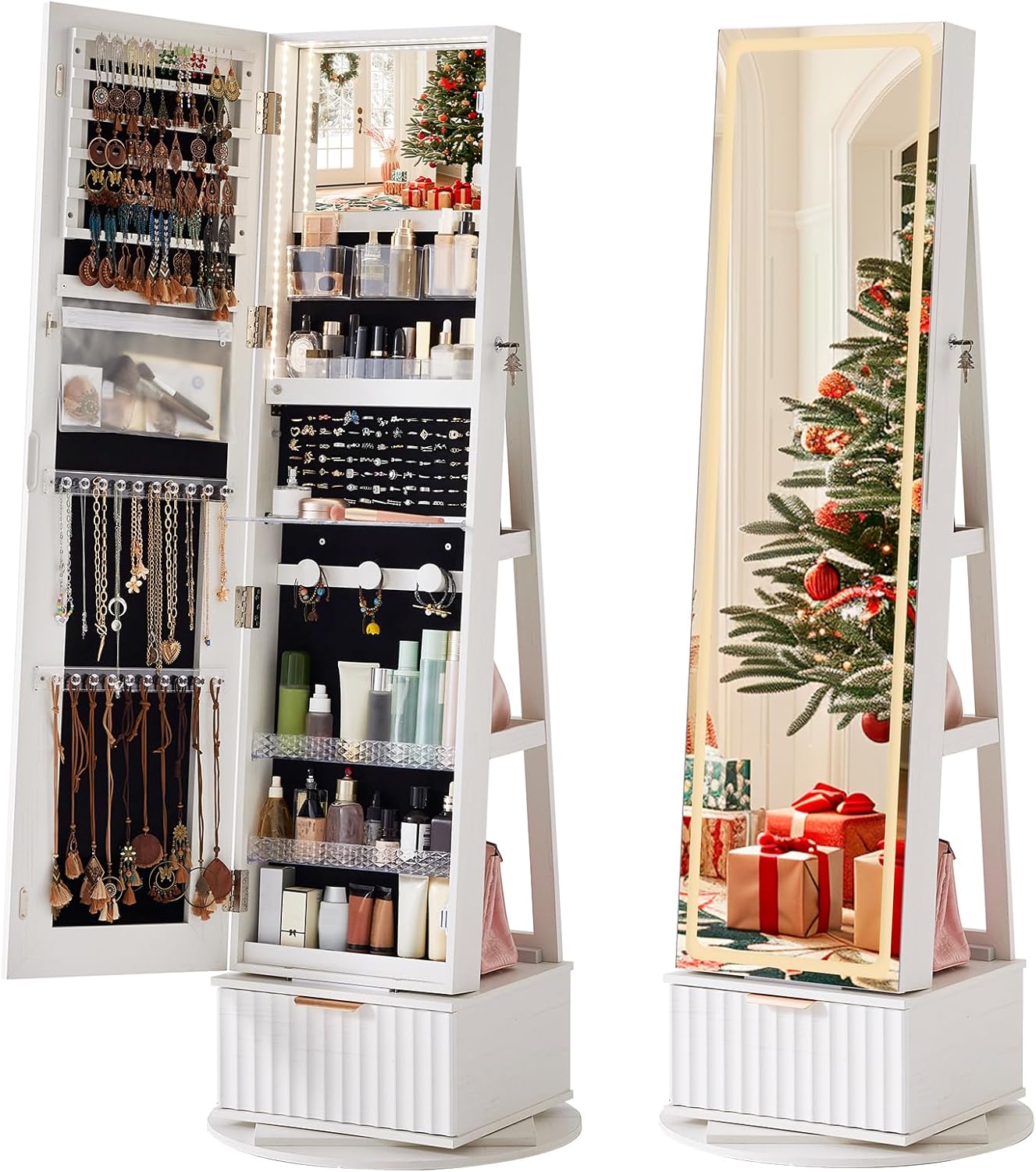 Fluted 360 Swivel Jewelry Armoire with Full Length Mirror