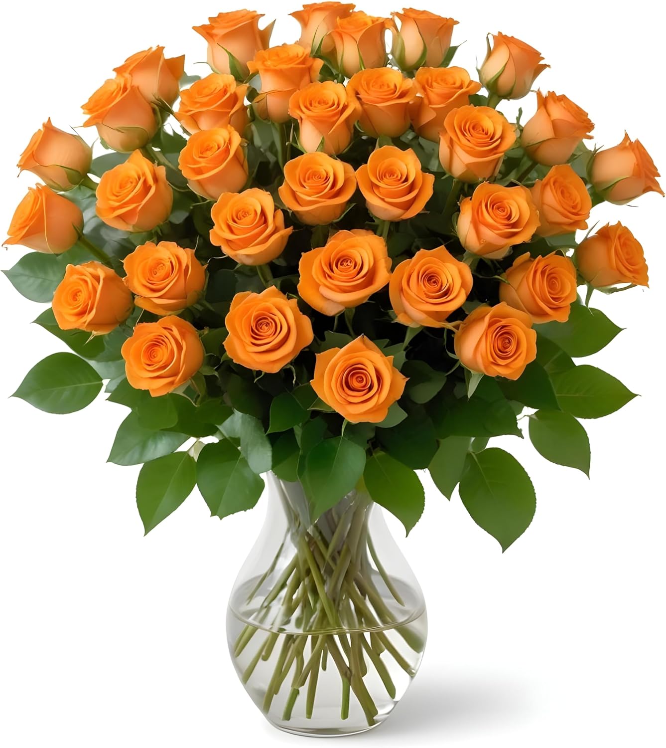 25 Orange Roses in Hand Blown Glass Vase for Any Occasion