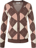Cardigan Sweater V Neck Button Up Argyle Color Block - Preppy Look