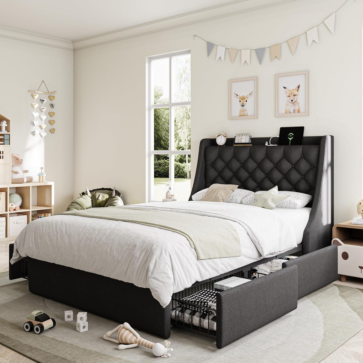 Twin Bed Frame with 4 Storage Drawers and Wingback Headboard