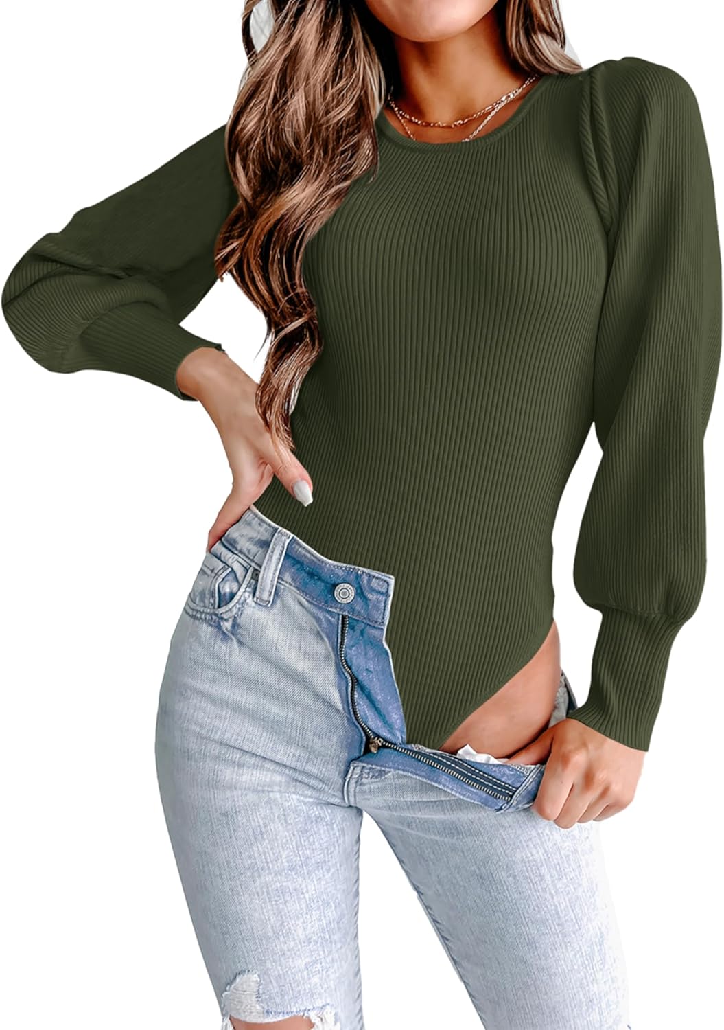 Long Puff Sleeve Sweater Bodysuit for Women by MASCOMODA