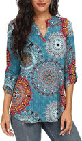 NILOUFO Womens Casual Summer Notch V Neck Blouses with 3/4 Roll Sleeve