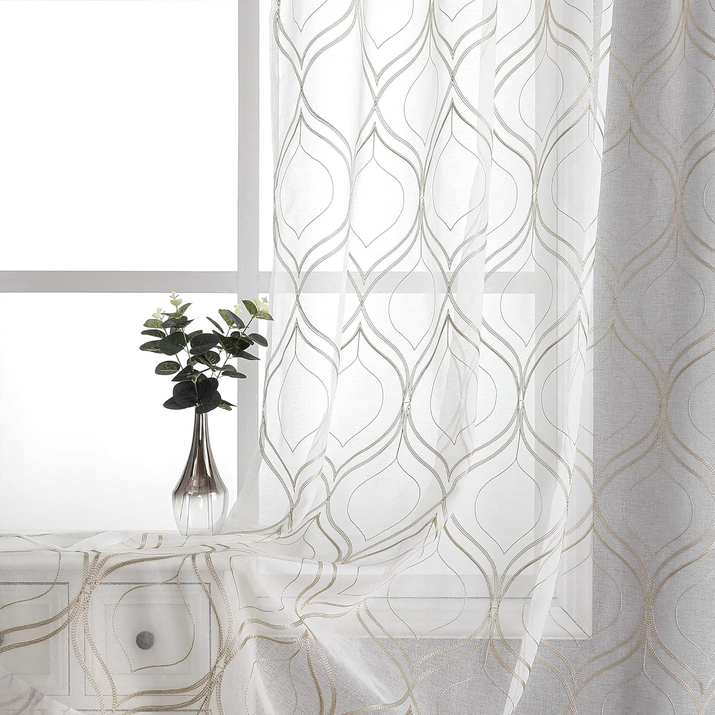 VISIONTEX Moroccan Embroidered White Sheer Curtains Panels for Home