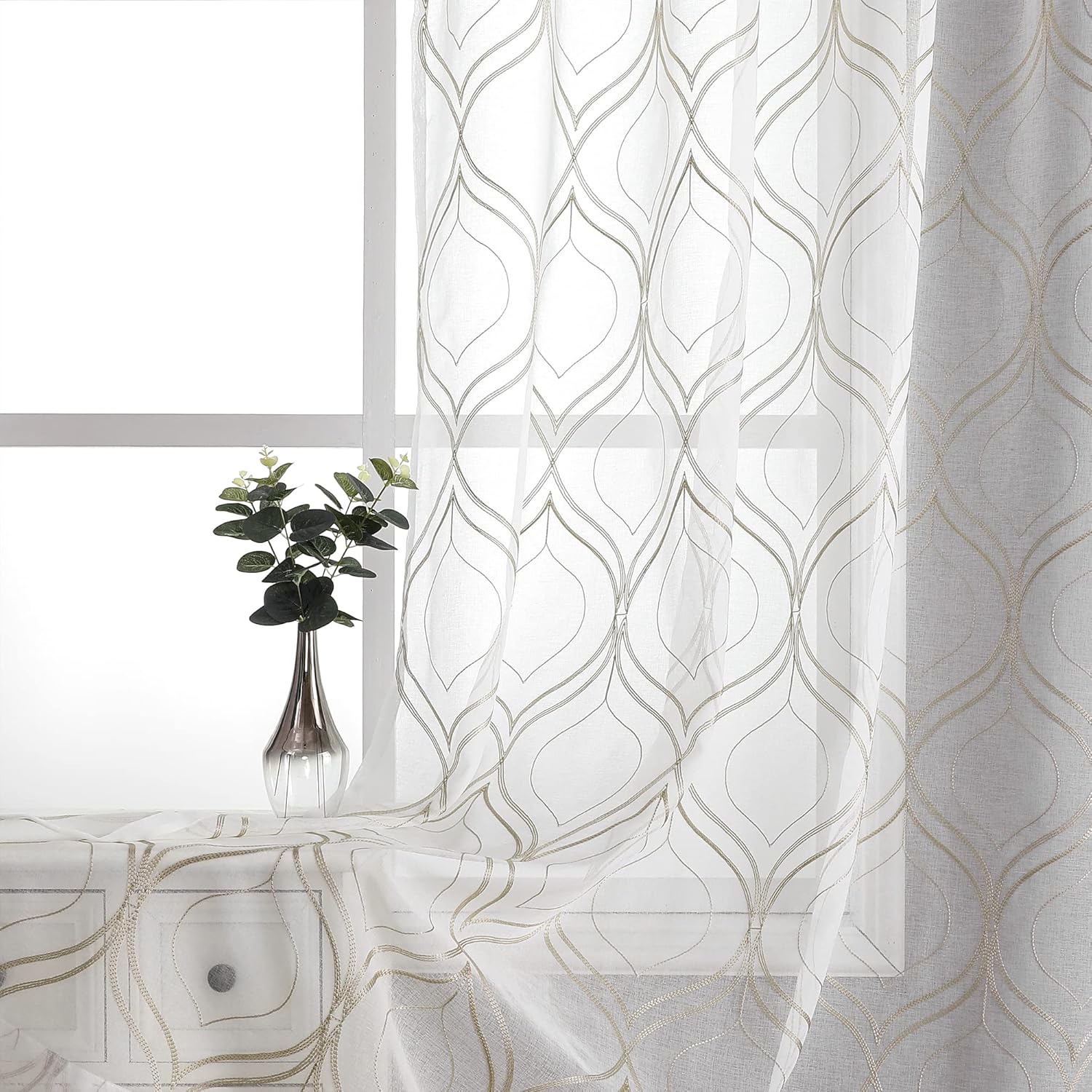 VISIONTEX Moroccan Embroidered White Sheer Curtains Panels for Home