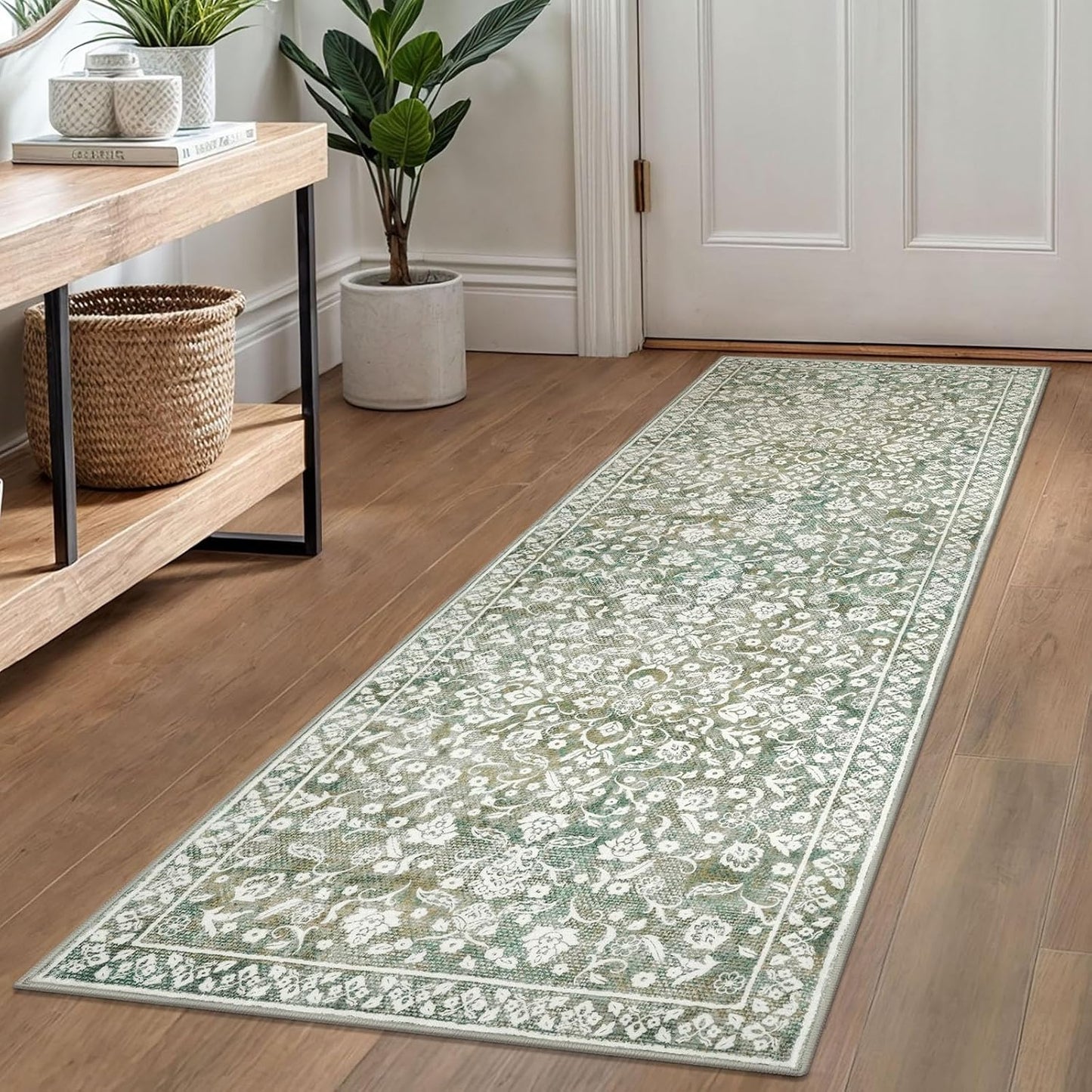 Vintage Washable Runner Rug 2x6 in Sage Green and Beige Floral