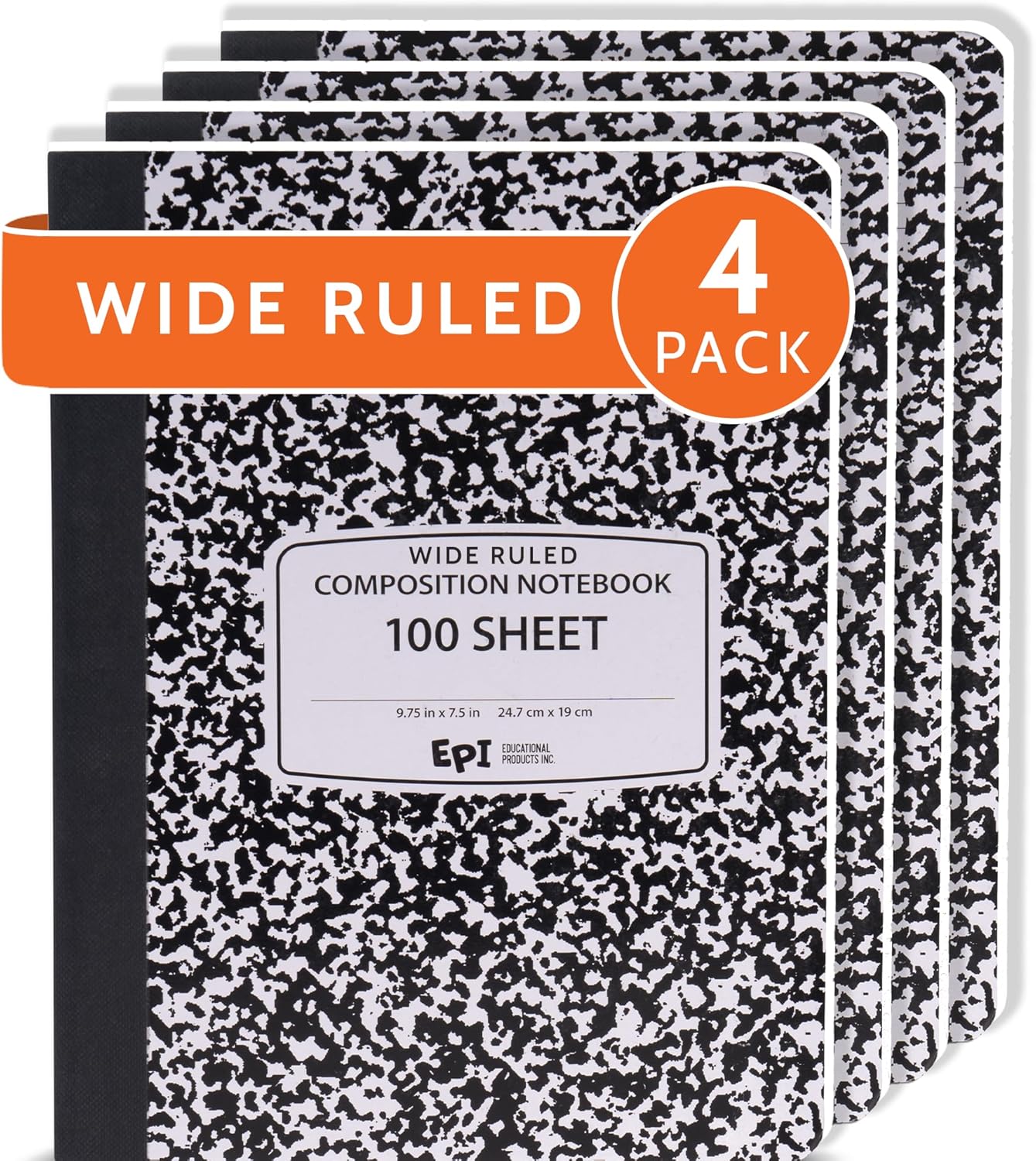 EPI Marble Hardcover Composition Notebook | 200 Pages, Durable Binding - 4 Pack