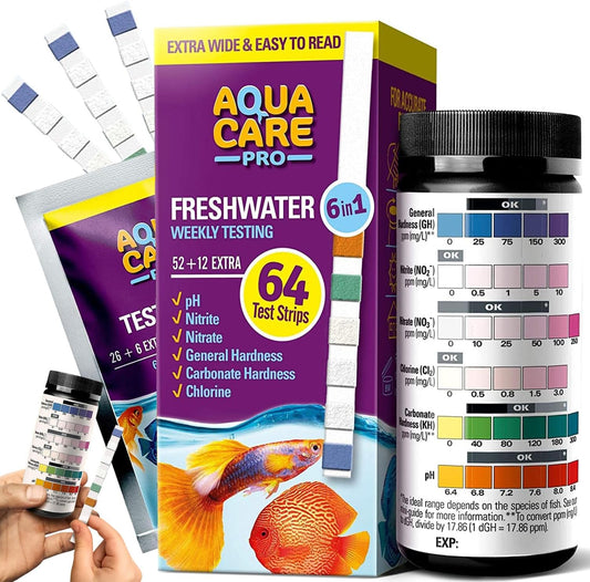 Aqua Care Pro Test Strips - 6in1 Fish Tank Kit - Easy Read, 64 Ct