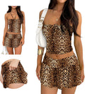 Cheetah Leopard Print Two Piece Skirt Set - Y2K Tie Ruched Tube Top