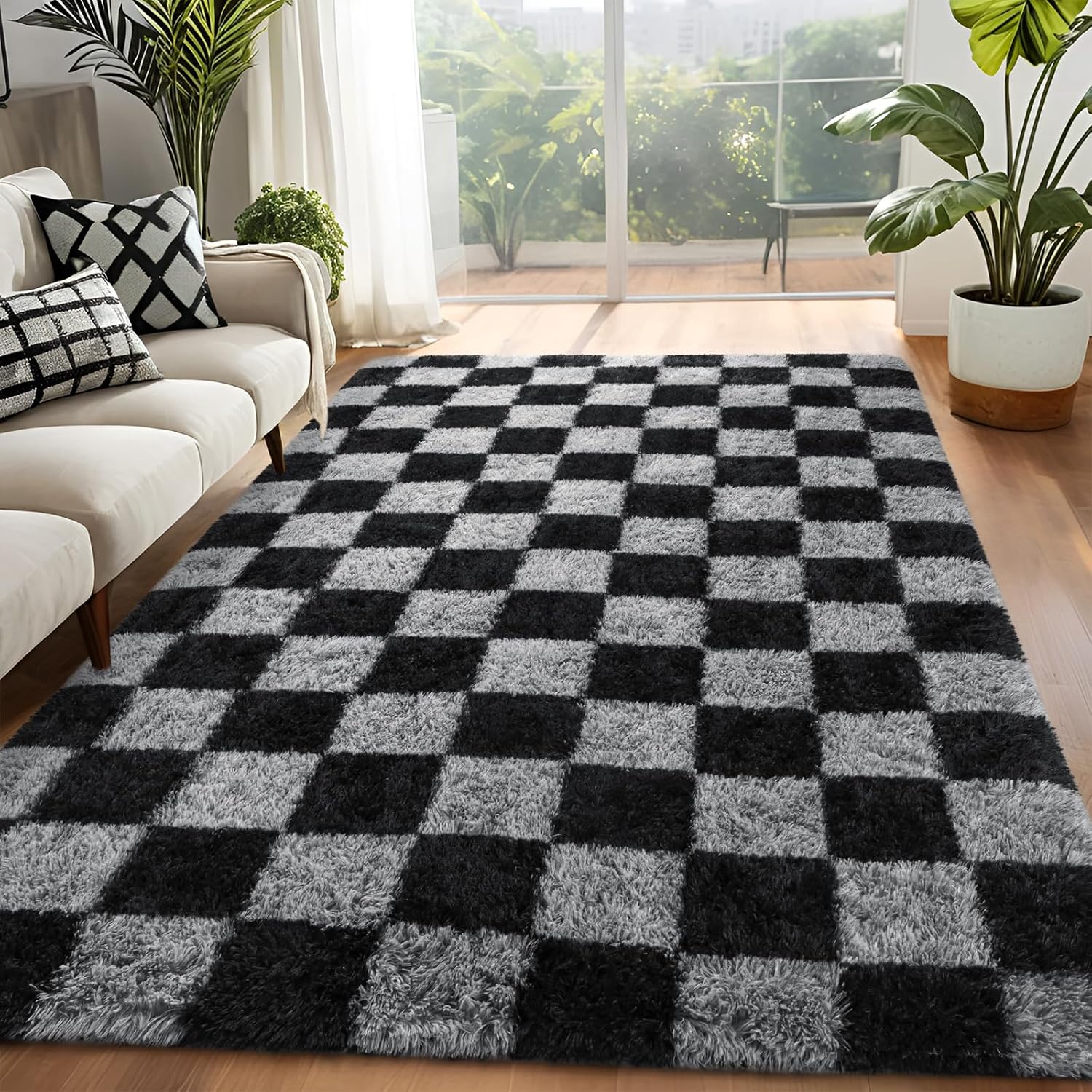 Fluffy Soft Checkered Area Rug for Living Room and Bedroom