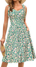 Kranda Women Ruched Midi Dress Spaghetti Strap Floral Sundress - Flowy
