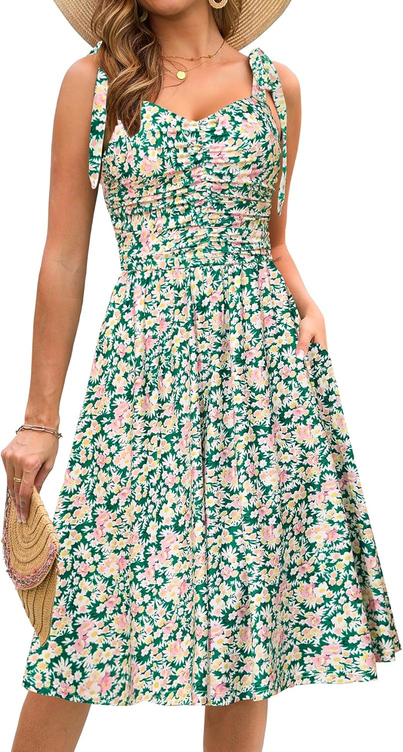 Kranda Women Summer Fall Ruched Midi Dress with Pockets