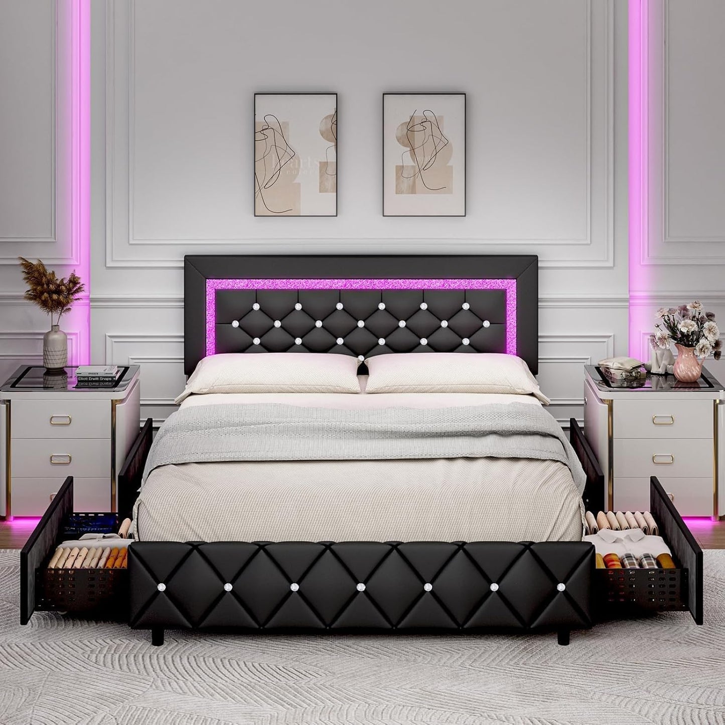 BarnFurin Full Size Bed Frame with LED Lights and Storage Drawers