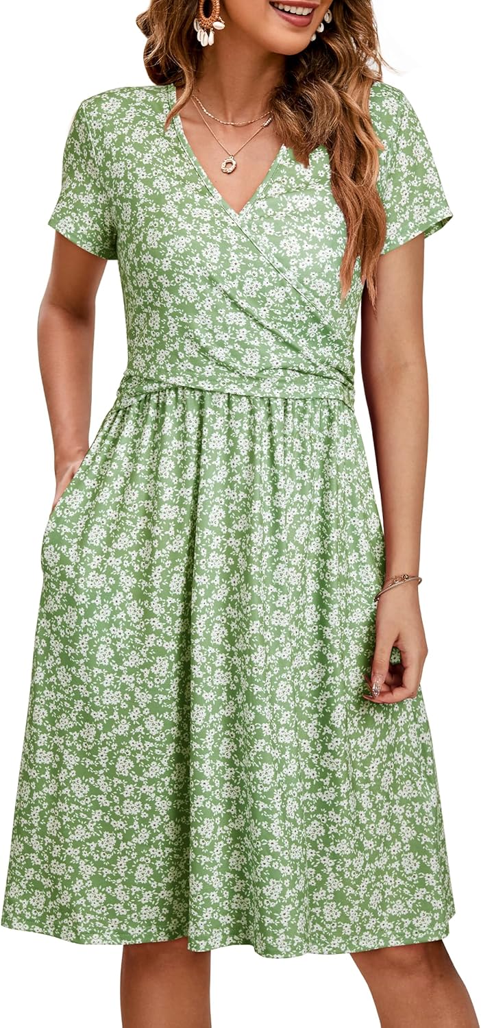 OUGES Women's V Neck Midi Dress with Pockets for Maternity