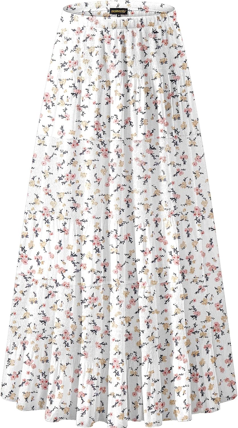 Chiffon Elastic High Waist Pleated A-Line Maxi Skirt for Women
