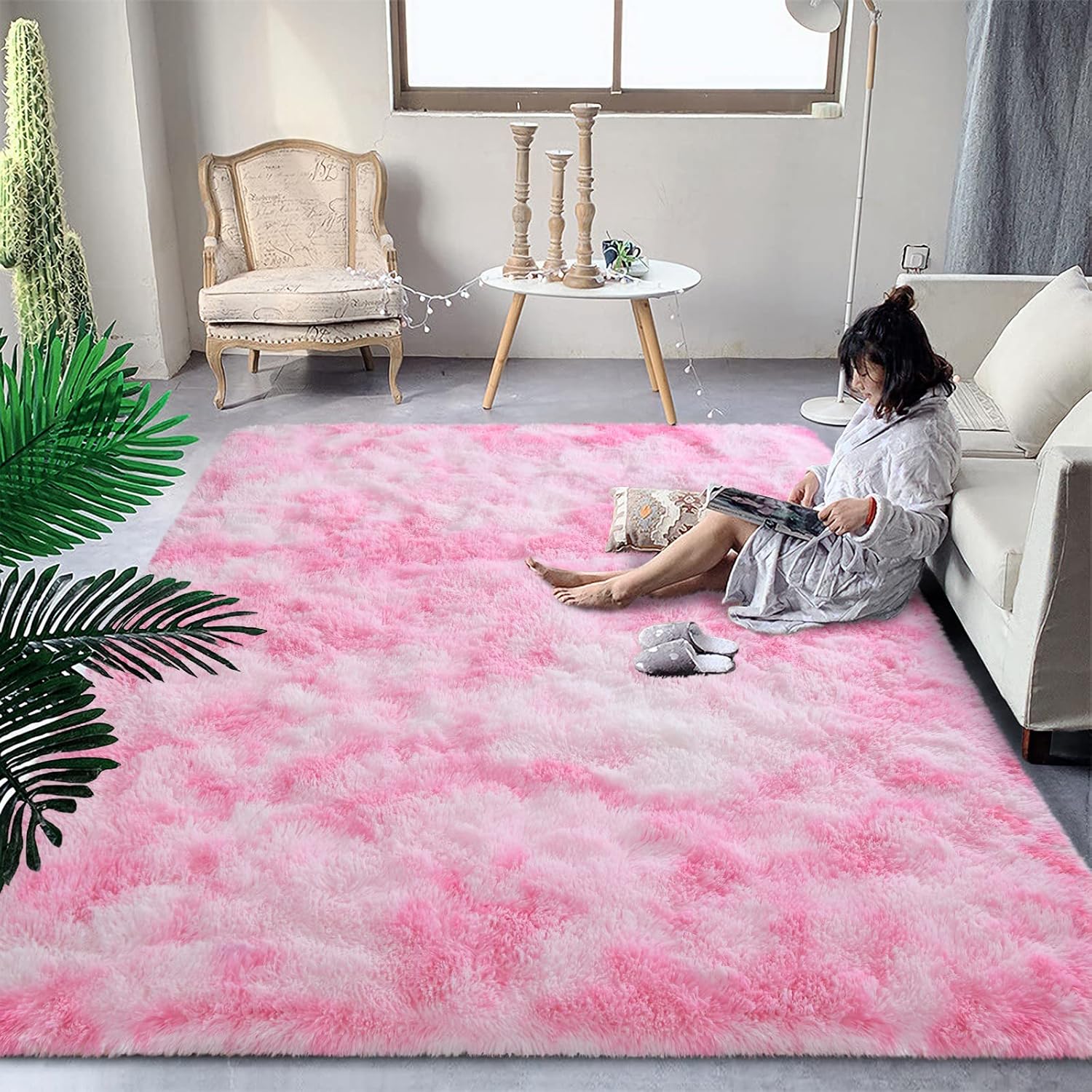 DweIke Fluffy Pink White Rugs for Bedroom Living Room Decor