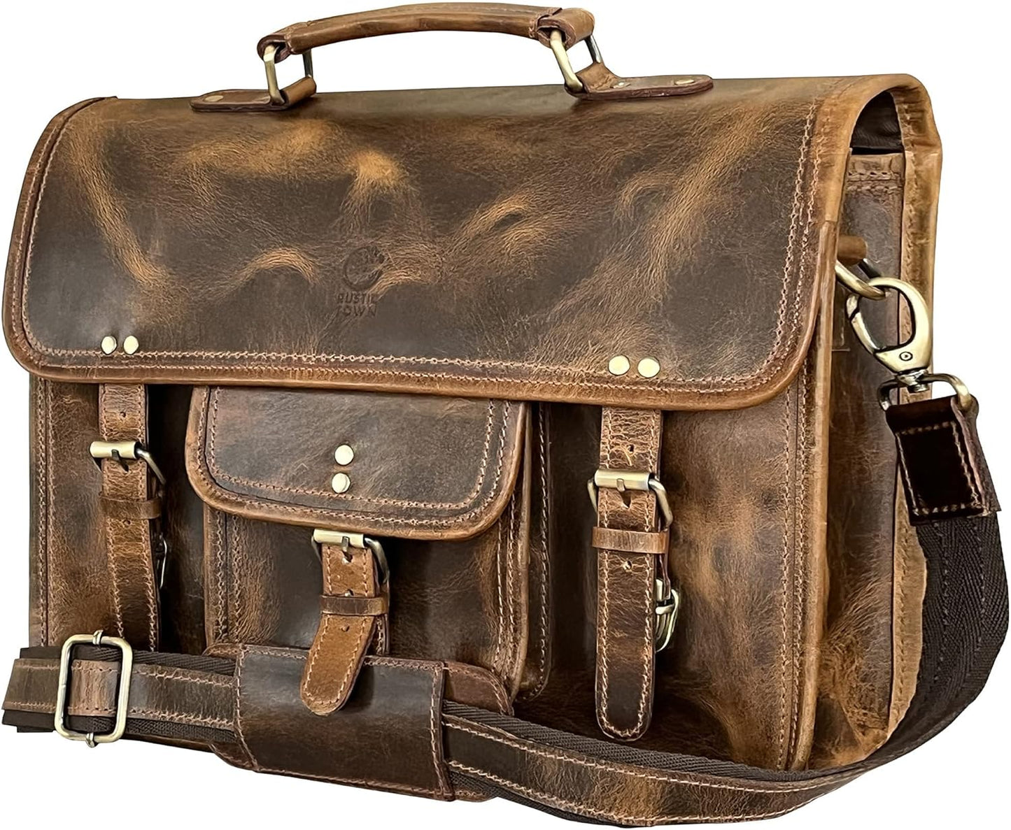 RUSTIC TOWN Leather Messenger Bag - Full Grain Satchel for Men