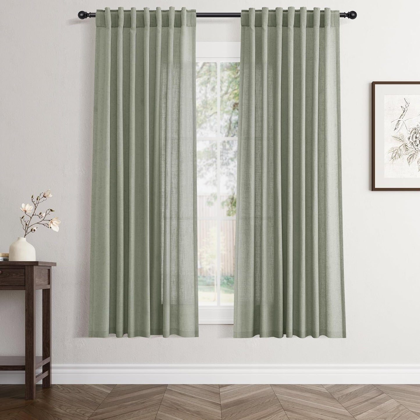 Sage Green Back Tab Linen Curtains for Living Room and Bedroom
