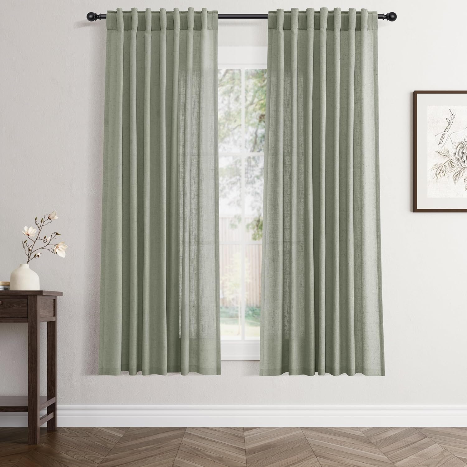 Sage Green Back Tab Linen Curtains for Living Room and Bedroom