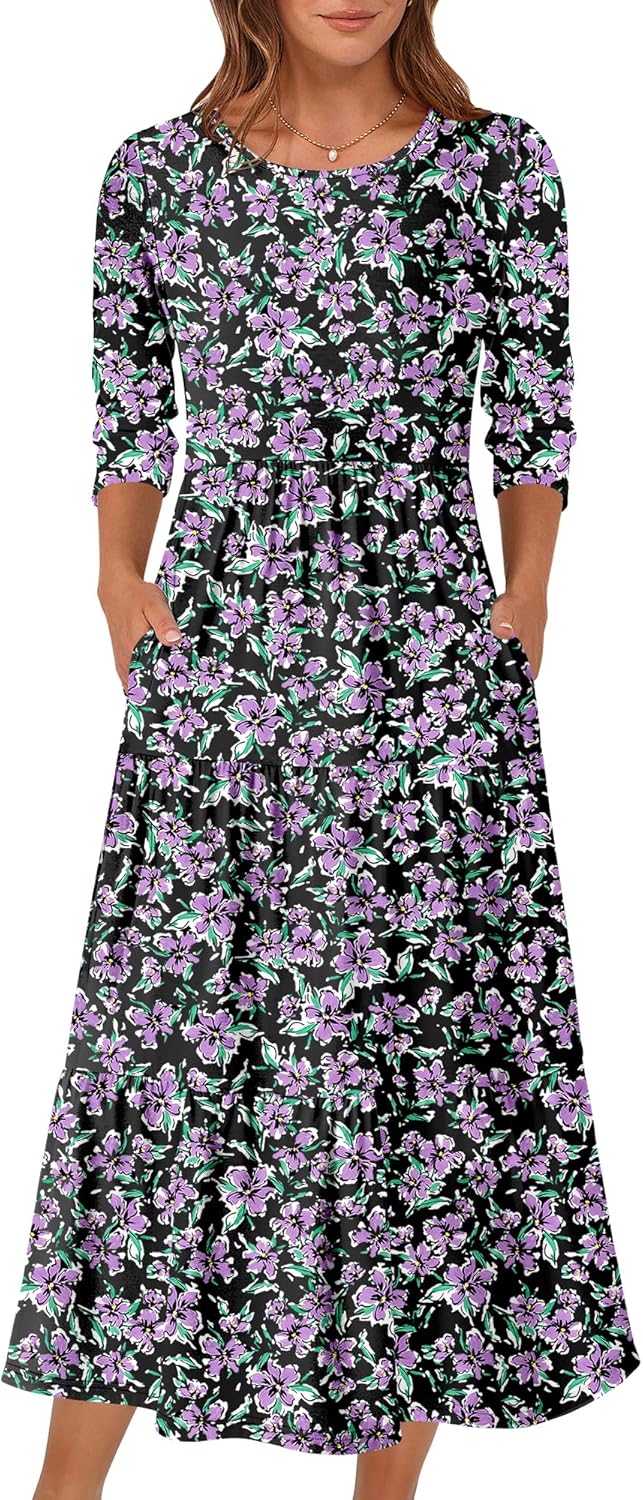Stylish 3/4 Sleeve Casual Maxi Floral Dress for Women