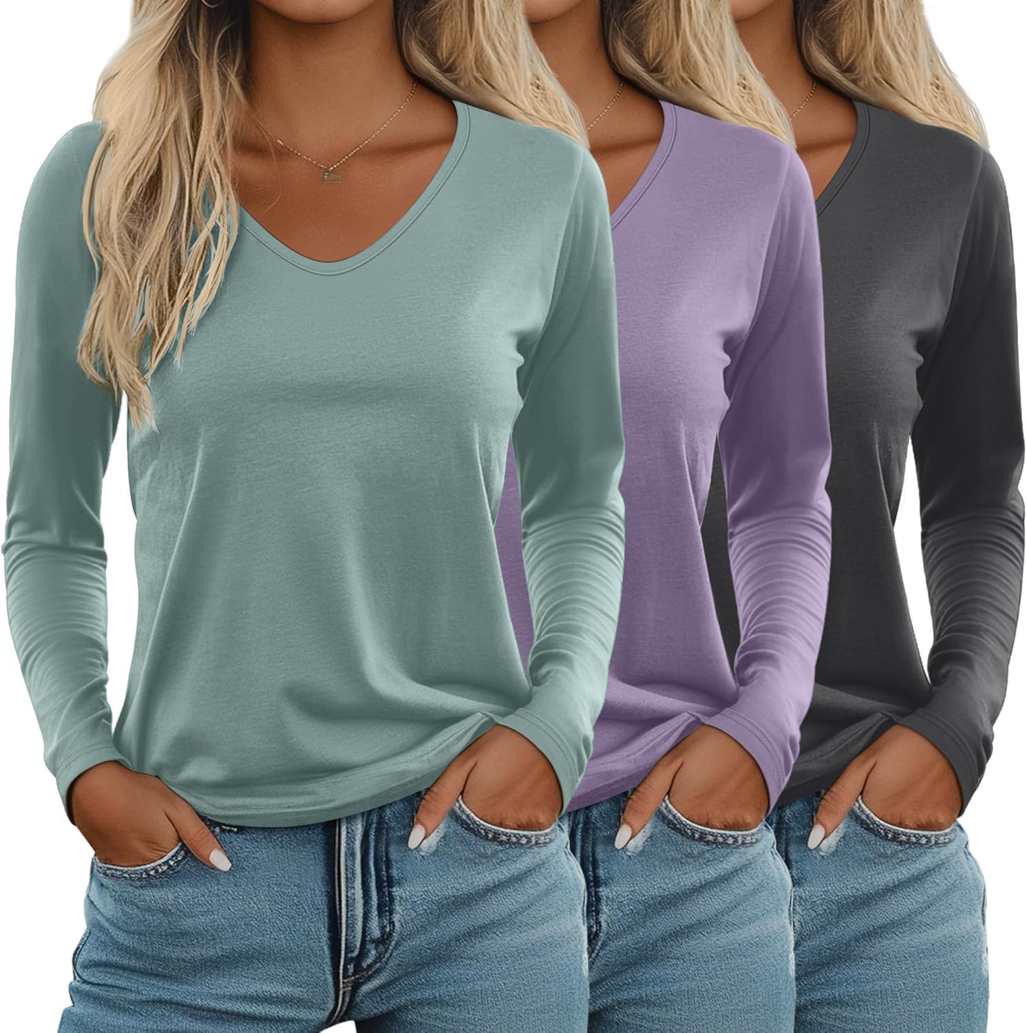 Ficerd Women's Long Sleeve V Neck T Shirts for Casual Style
