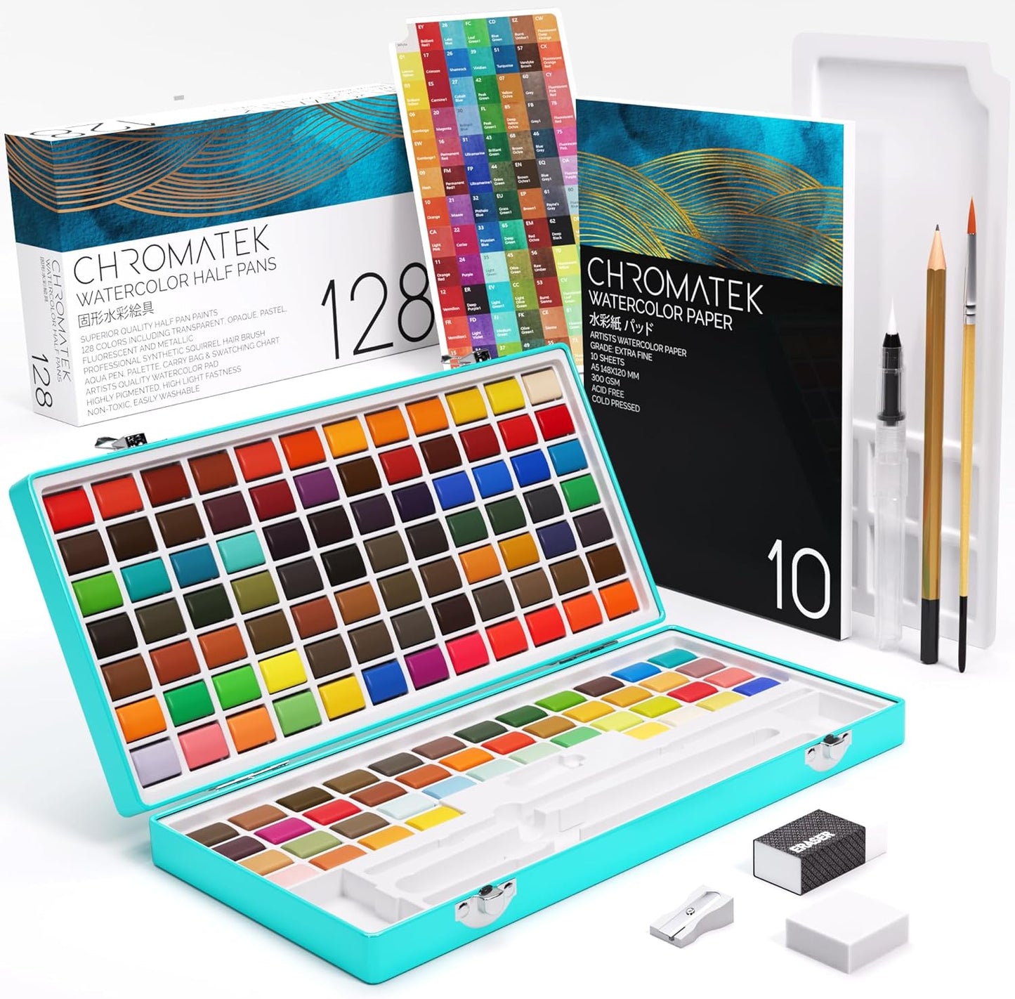 CHROMATEK Watercolor Paint Set with 128 Vibrant Colors for Artists