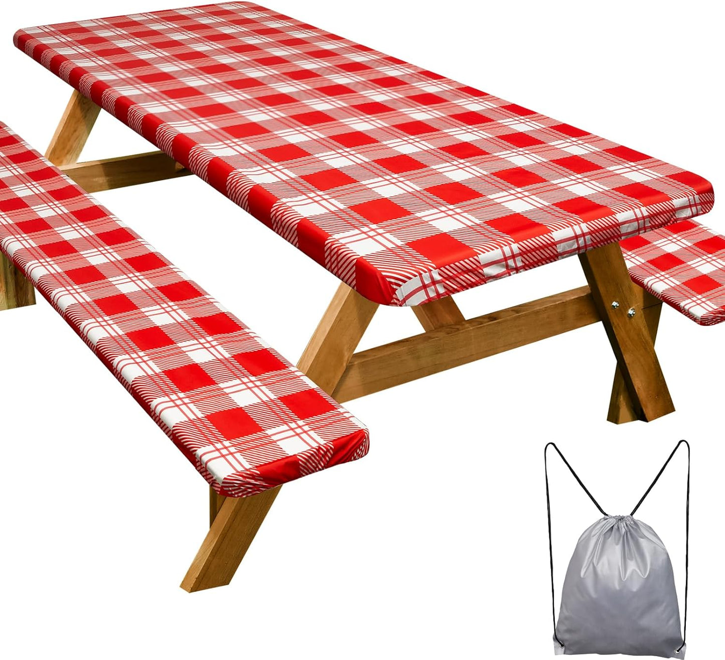 Waterproof Red Checkered Picnic Table Cover Set