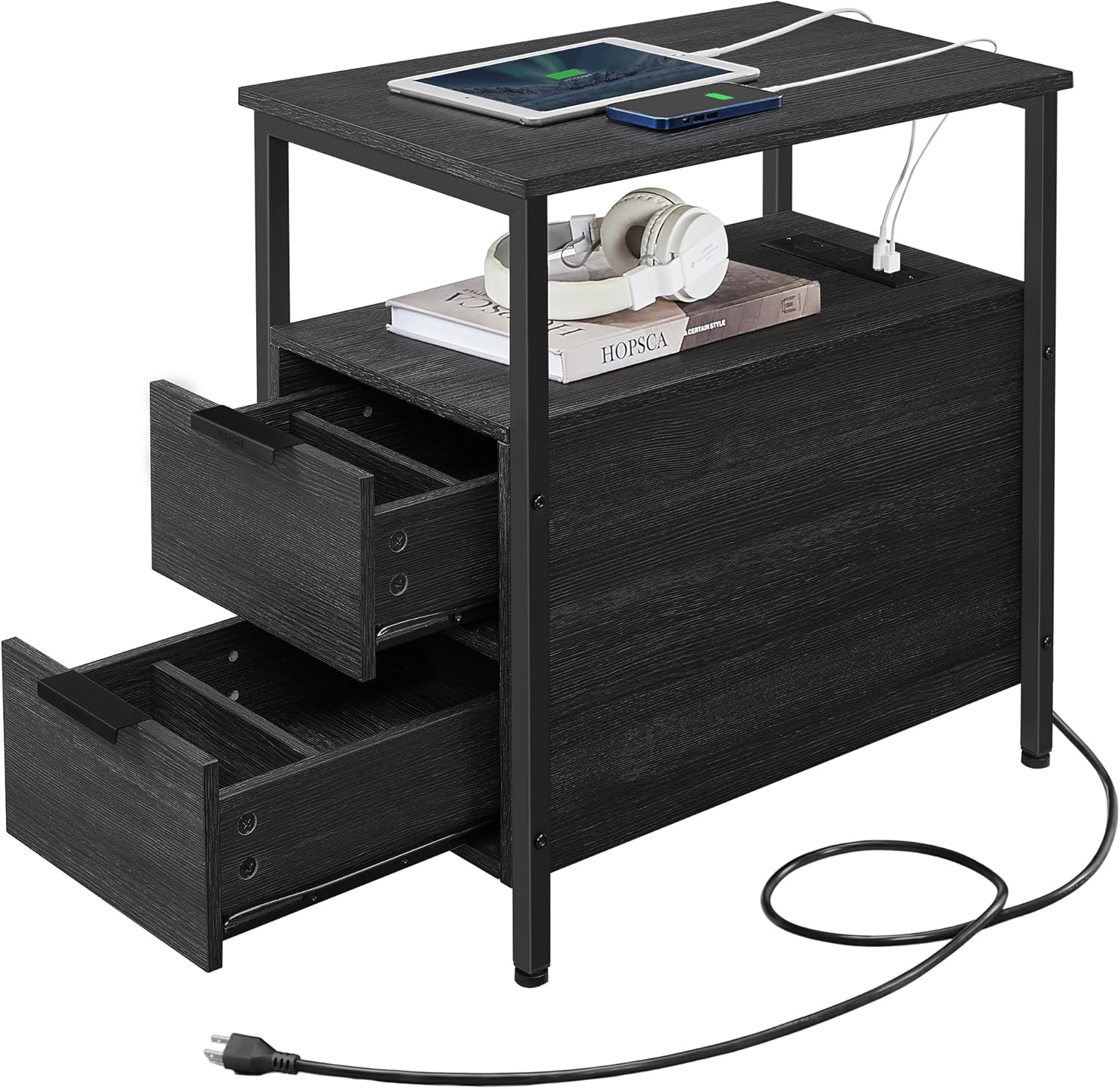 VASAGLE Side Table with Charging Station for Small Spaces