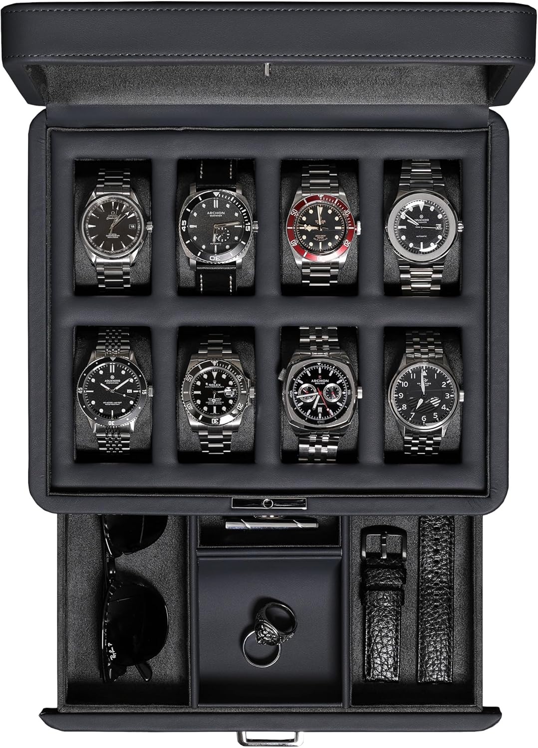 Luxury Watch Box with Valet Drawer - Real Glass Top - Carbon