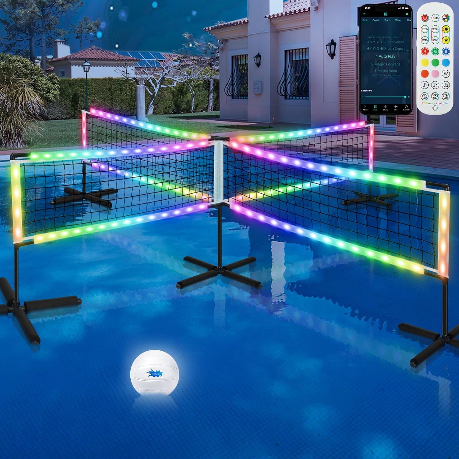 LED 4-Way Pool Volleyball Net for Ultimate Nighttime Fun