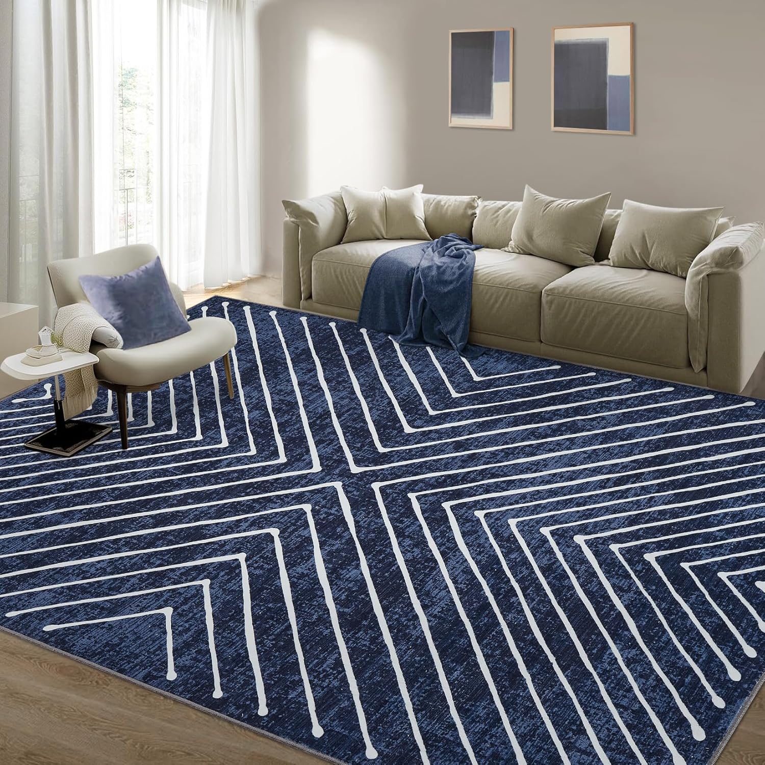 8x10 Area Rug for Living Room Non Slip Stain Resistant Navy