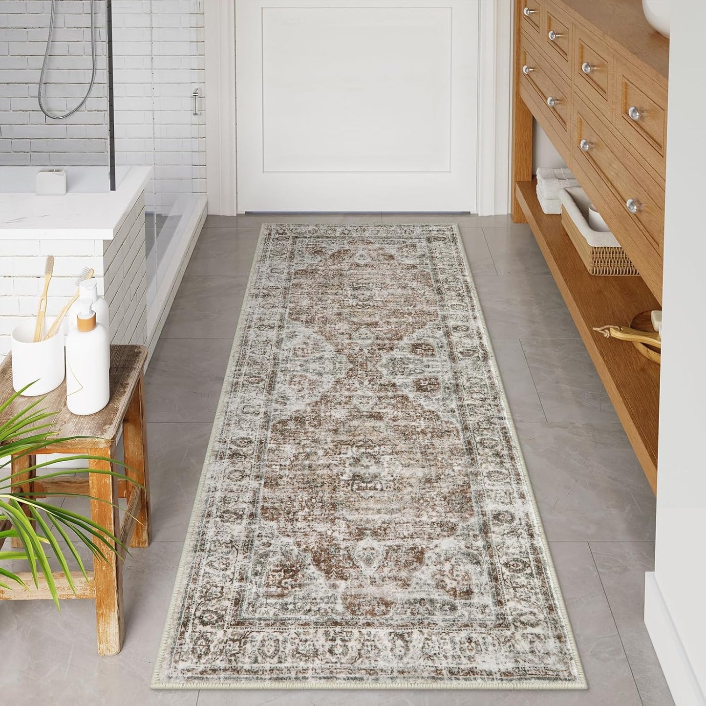 Uphome Bathroom Runner Rug, Distressed Tribal Khaki Mat