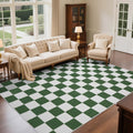 Washable Checkered Rug 8x10 ft Green and White - Low Pile, Easy Care
