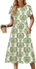 Women Summer Short Sleeve Midi Dress with Pockets - Flowy Casual