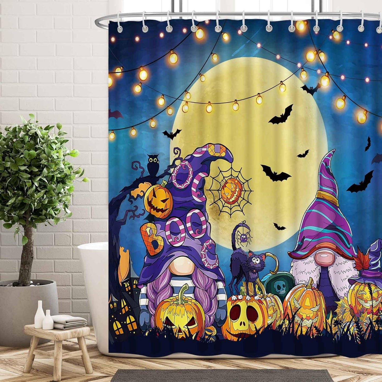 Halloween Gnomes Shower Curtain - Waterproof Fabric, Spooky Holiday Decor