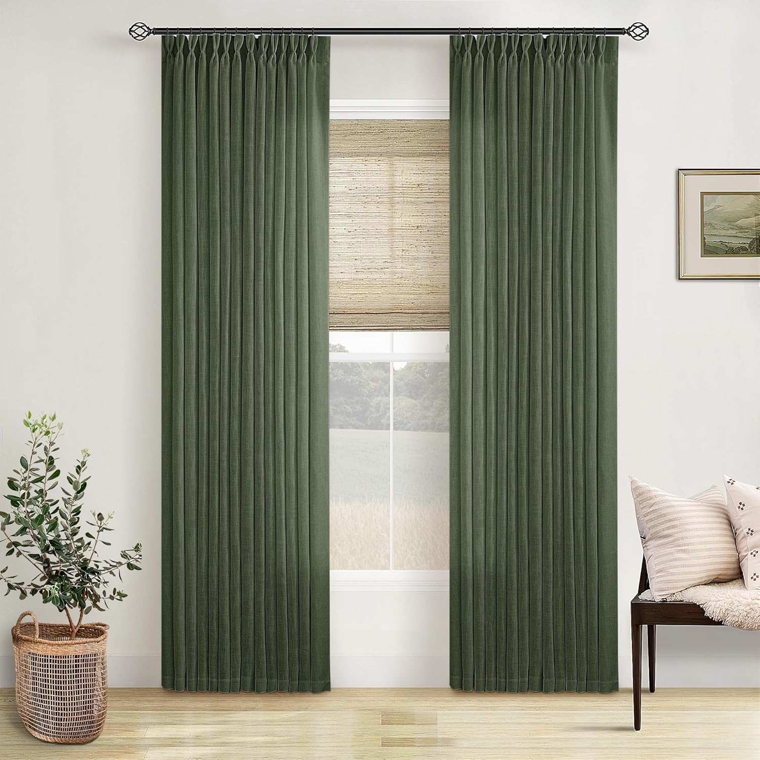 80 Inch Olive Green Linen Curtains for Living Room Elegance