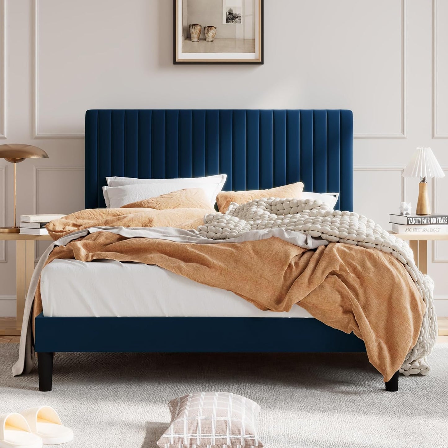 SHA CERLIN Queen Upholstered Platform Bed Frame with Velvet Fabric