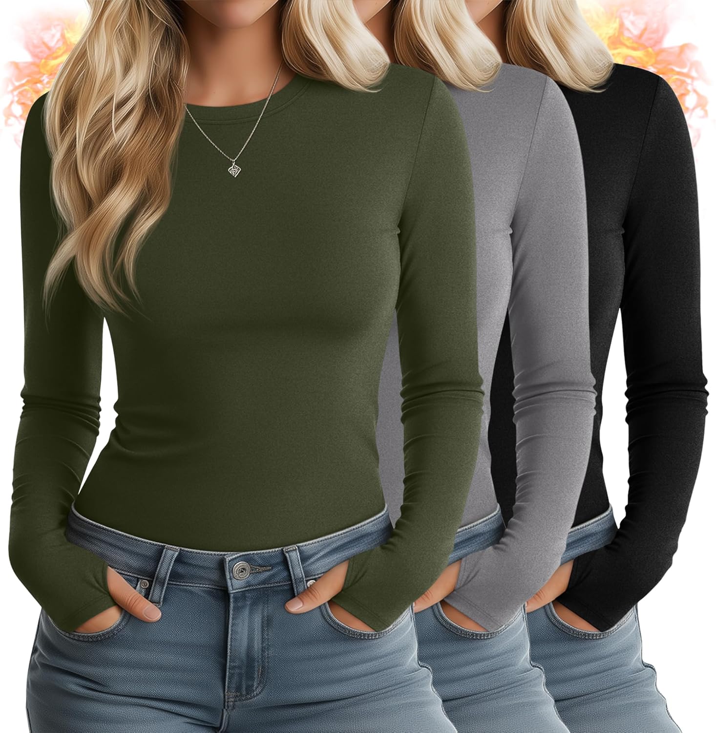 Huukeay Women's Thermal Shirts with Thumb Holes - 3 Pack