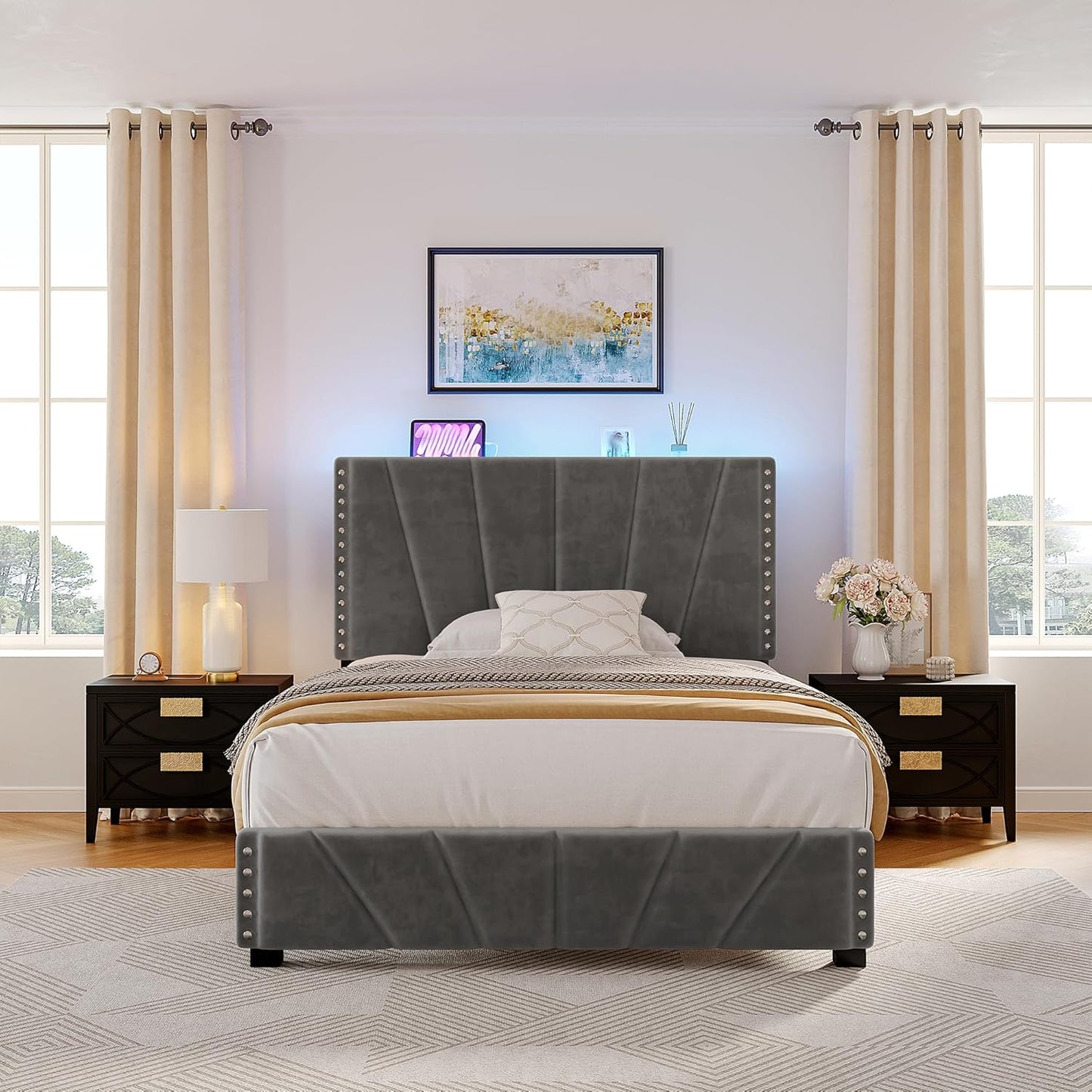 EnHomee Twin Bed Frame with Velvet Headboard and LED Light